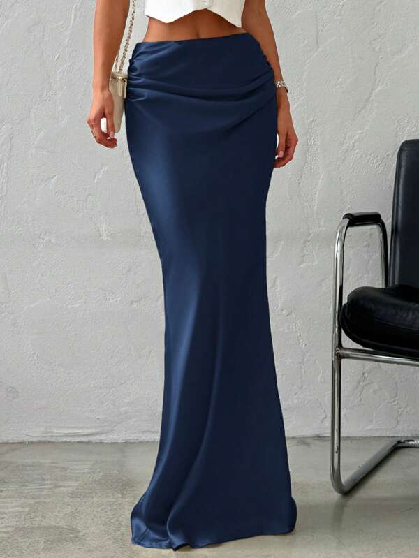 Firerie Women's Elegant Minimalist Romantic Date Office Work Fashion Versatile Solid Color Satin Floor Length Maxi Skirt, Beige, Autumn/Winter