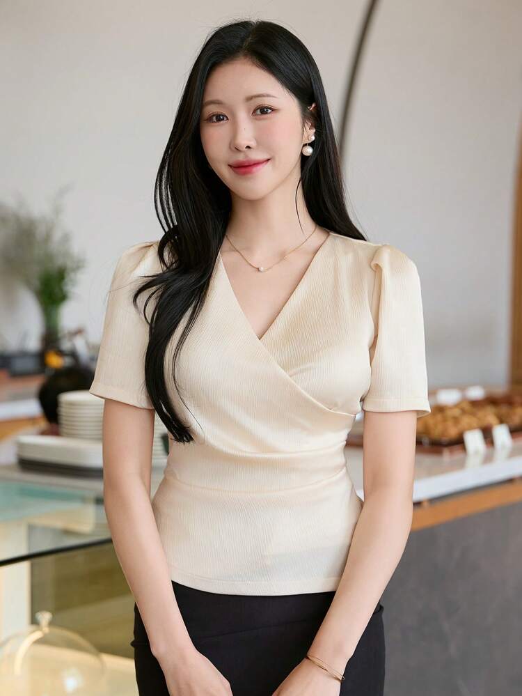 1pc Women's Solid Color V-Neck Puff Sleeve Asymmetric Ruched Shirt,Business Casual Women