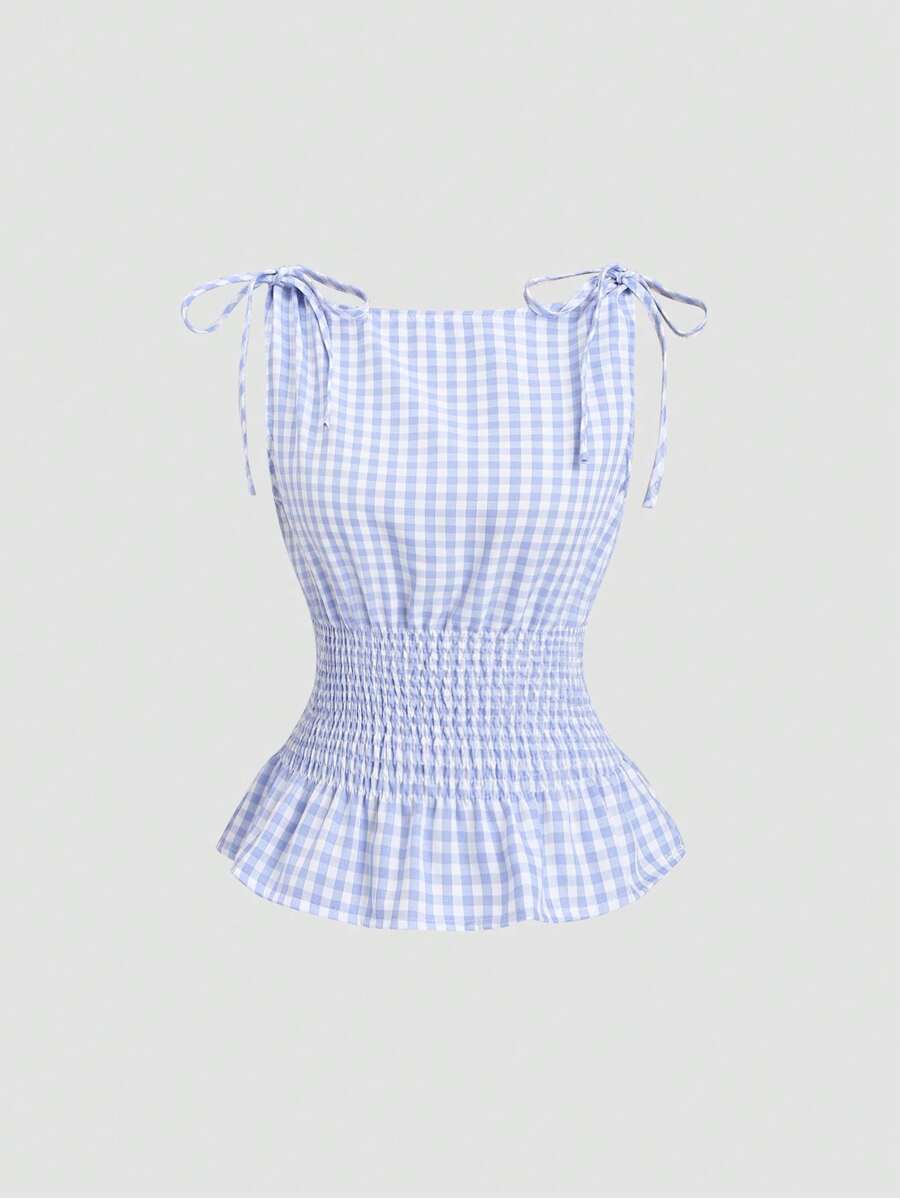 Sweetra Women's Elegant Plaid Tie Shoulder Cinched Waist Slim Fit Camisole Tank Top, Versatile For Daily Commute, Spring/Summer