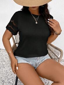 SHEIN Frenchy Plus Size Casual Versatile Round Neck Frill Detail T-Shirt - Black - View 1