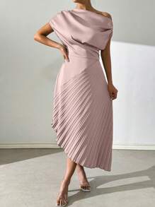 Chiquease Women's Summer Elegant Green Open Shoulder Dress With Pleated Panel Maxi Satin Women Outfit - Baby Pink - View 5