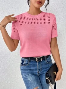 Chiquease Women's Round-Neck Solid Color Short-Sleeved Knitted Top For Summer For New Year Clothes - Pink - View 1