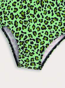 SHEIN New Fashionable Girls Leopard Print Full-Coverage One-Piece Swimsuit - Green - View 3