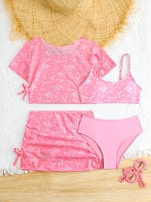 Tween Girl Floral Print Swimsuit Set - Pink - View 6