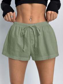 SHEIN PETITE Women's Casual Mini Shorts: Green Woven Fabric Knotted Drawstring Summer Shorts - Green - View 8
