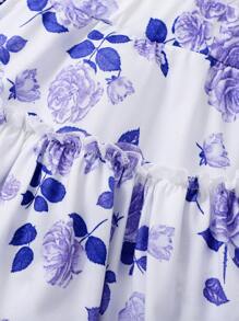 Young Girls Portrait Print Matched With Layered Floral Cake Skirt 2 Pieces Set, Suitable For Casual, Wedding Season, Outdoor Picnic Occasions - Purple - View 8