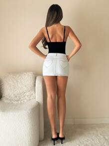 SHEIN ICON Women Going Out White  Heart Pocket Elastic Waist Casual Versatile Denim Mini Skirt For Spring Summer Everyday Wear - White - View 2