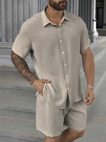 Manfinity Homme 2 件套男士大码休闲纯色短袖衬衫和短裤
