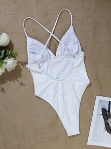 Swim Chiccia 1 件女式纹理面料细肩带三角杯贝壳边连体性感泳衣，海滩/度假 - 白色 - 查看 5
