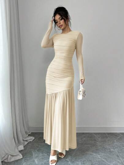 Firerie Vestido de manga larga con cuello redondo y malla para mujer, vestido de otoño, adecuado para atuendos de otoño, regreso a la escuela, atuendo de maestro