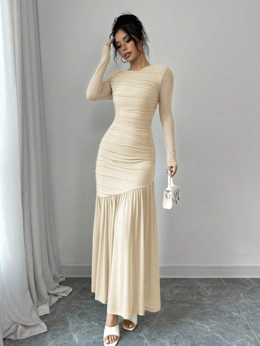 Firerie 女士网眼长袖圆领连衣裙，秋季连衣裙，适合秋季装、返校装、教师装 - 米色 - 查看 1