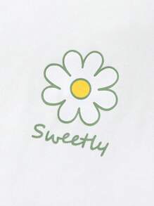 SHEIN Playful Pals 2pcs Baby Girls Outfit Set: White Floral Print Tank Top + Green Loose Elastic Waist Denim Shorts, Cute & Comfortable - White - View 6