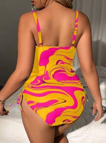 SHEIN Swim Curve Plus Size Women Marble Print Side Drawstring Strap One-Piece Swimsuit - Multicolor - View 2