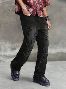 ROMWE MEN Grunge Punk Jeans casual a zampa con tasche con frange per uomo - nero - Visualizzare 6
