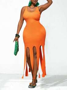 Slaydiva 2025 新款狂欢/复活节女装/老钱风格女装/乡村音乐会装/外出装/仙女风/节日装/热带度假女装夏季女士服装/夏季/狂欢/欧洲夏季/春季服装/西装女士加大码/音乐会/毕业装，百搭日常休闲简约性感极简大码，休闲纯色细肩带流苏下摆中长连衣裙 - ZZ