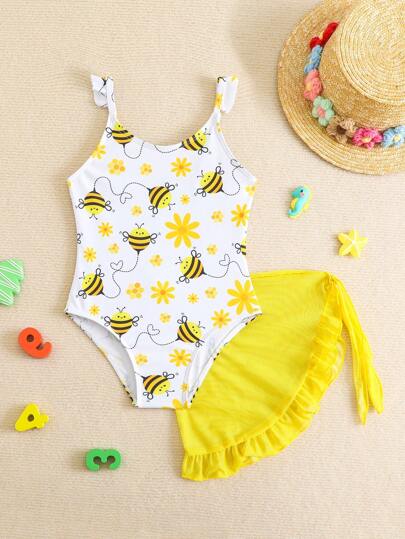 1 Piece Young Girl Colorful Floral Print One-Piece Swimsuit With Sheer Skirt