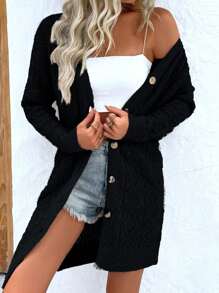 Breezaya Ladies' Simple Solid Color Daily Long Sleeve Cardigan With Button,Long Sleeve Tops Fall Winter Cloth For Women - Black - View 5