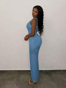 Slaydiva Women's Elegant Blue Maxi Dress Sleeveless Round Neck Knitted Semi-Sheer Pencil Hem Split Detail Bodycon Dress - Blue - View 6