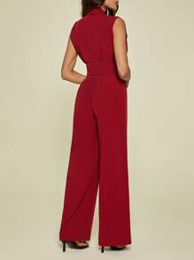 SHEIN Tall 2 件套女士纯色立领无袖衬衫和裤子休闲套装 - 紅色 - 查看 2