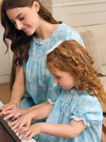 Women's Light Blue Smooth & Comfortable Non-Stretch Fabric Summer Dress With White Butterfly & Floral All-Over Print, Decorated Neck With White Lace, Loose Fit Short Sleeve Dress - Blue - View 5