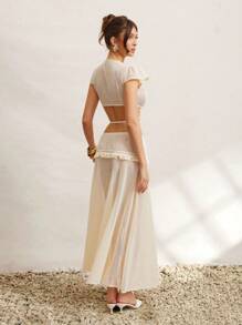 L'Amorae 度假优雅镂空性感绑带流苏盖袖女式衬衫，蕾丝流苏杏色度假长款A字裙，度假女式两件套 - 杏色 - 查看 4