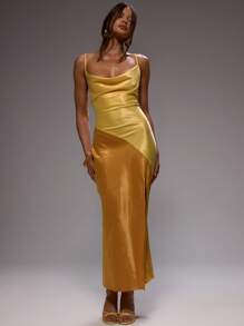 MUSERA 女士长款双色缎面吊带高领连衣裙，适合婚礼宾客穿着，夏季伊比沙岛度假海滩礼服 - 橘色 - 查看 4