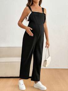 SHEIN Pregnant Women's Solid Color Twist Design Casual Loose Jumpsuit - Black - View 5