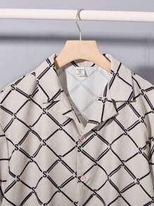 SHEIN Teen Boys' Rhombus Print Short Sleeve Casual Beach Vacation Shirt, Soft & Comfortable, Versatile For Everyday, School, Travel, Sports, Vacation - Beige - View 4