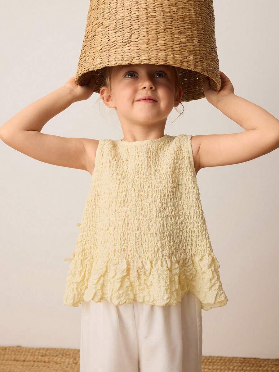 Maija Kids Maija Kids Young Girl Simple Sleeveless Shirred Front Bow Accent Ruffle Hem Solid Color Camisole, Fashion Versatile Wear For Outdoor, Home, Back To School, Spring/Summer