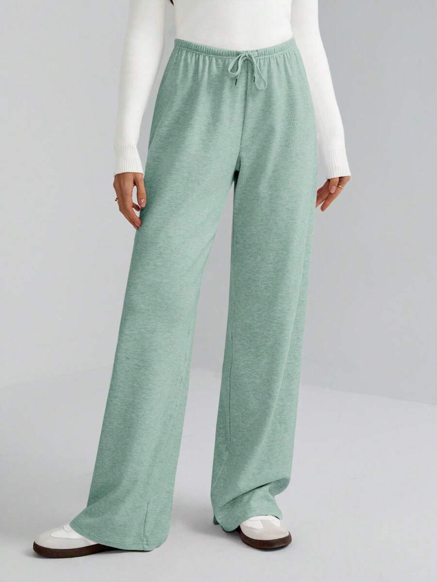 SHEIN Tall Women's Solid Color Drawstring Waist Soft Knit Loose Casual Pants, Fall/Winter , Baggy Pants - Green - View 1