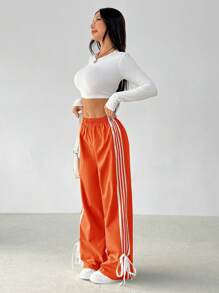 SHEIN PETITE Casual Contrast Striped Drawstring Straight Leg Pants