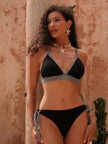 SHEIN Swim 2pcs Textured Multi-Color Cross-Strap Sexy & Elegant Bikini Set, For Vacation, Beach, Pool Party For Summer - Black and White - View 4