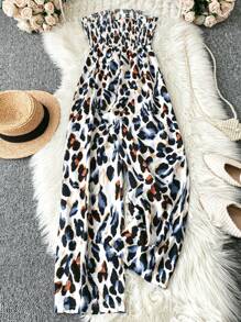 SHEIN Clasi Mono con estampado de leopardo fruncido sin tirantes talla grande para mujer, de verano - Multicolor - Ver 2