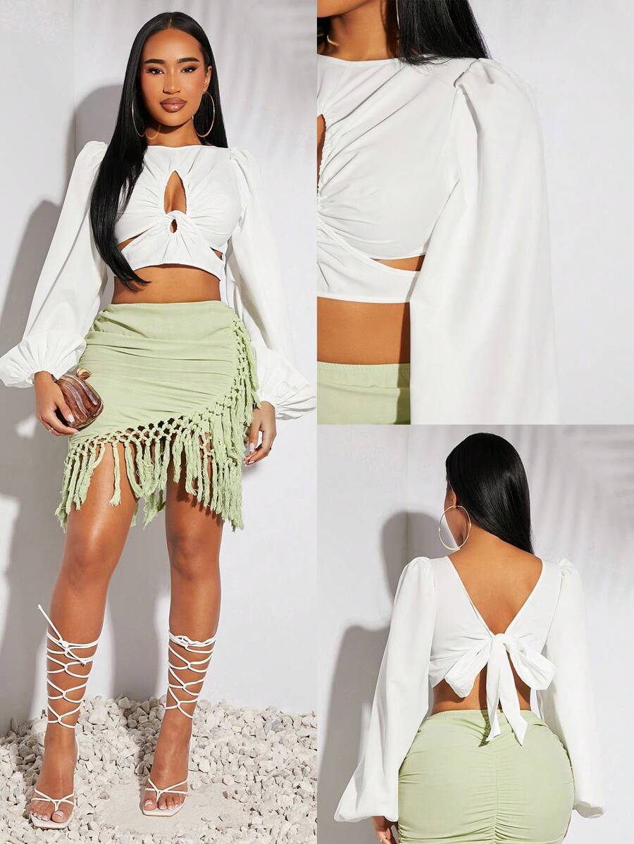 SHEIN SXY 春夏情人节服装优雅婚礼宾客复古钱波西米亚风度假白色亚麻面料褶皱镂空长袖短款修身衬衫上衣 - 白色 - 查看 1