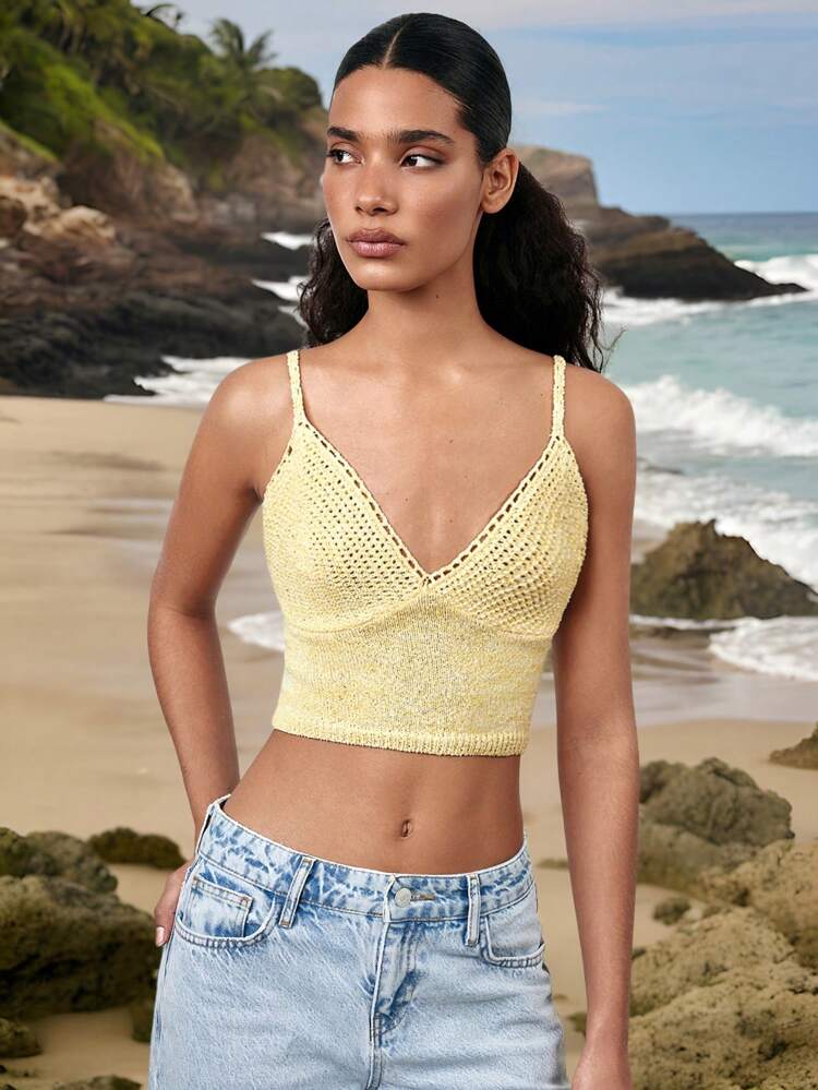 SHEIN Maija 2025 Summer New Cream Yellow Crochet Spaghetti Strap V-Neck Casual Chic Versatile Summery Beach Holiday Daily Casual Romantic Urban Vacation Suitable For Outings, Gatherings, Weddings, Graduation Season