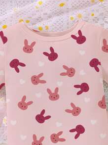 2 Pcs/Set Young Girl Rabbit Pattern Round Neck Knitted Elastic Short Sleeve Top And Pants Home Outfit Set, Light Pink & Wine Red - White - View 4