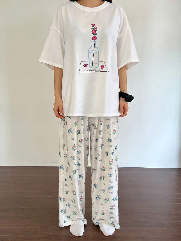 Allover Print Graphic T-Shirt & Loose Straight Ditsy Floral Full Print Pajama Pants 2 Pieces Sleepwear Set For Women