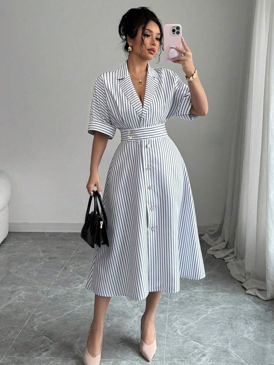 SHEIN PETITE Black & White Striped Lapel Waist Flared Midi Dress - Black and White - View 1