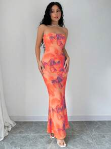 Elenzga Elegant Floral Printed Backless Mermaid Strapless Dress For Summer Maxi Women Outfit - Coral Orange - View 4