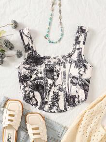 SHEIN Tween Girls' Knit Printed Backless Vacation Tank Top, Suitable For Summer Holiday - Black and White - View 1