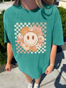 DrmWander Áo thun tay ngắn họa tiết caro thường ngày cỡ lớn mùa hè - màu xanh lá - Xem 1