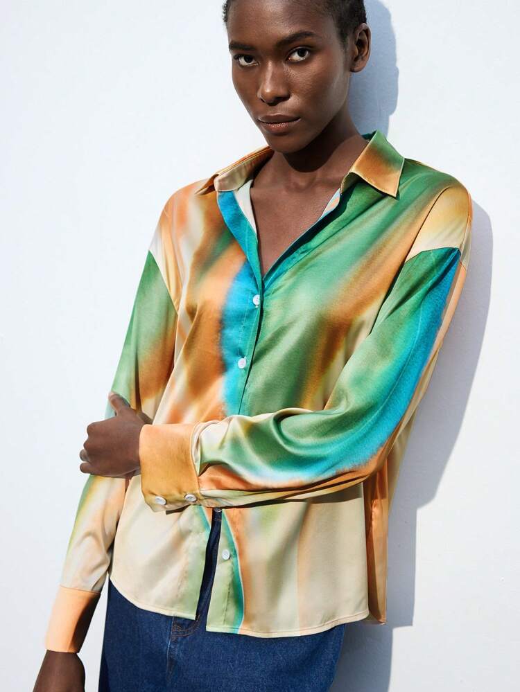 SHEIN Maija Women's Multicolor Woven Fabric Blouse: Casual, Long Sleeve Button-Front Collared Shirt With Abstract Print And Regular Hem