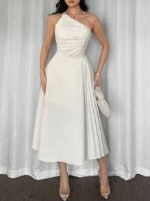 Firerie 女士优雅简约休闲/工作连衣裙，不对称领口带褶饰，纯色中长款