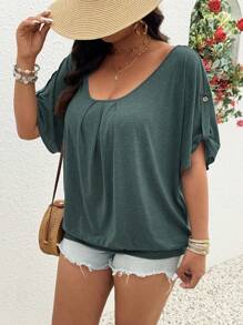 SHEIN LUNE Duża, plisowana, koronkowa, swobodna koszulka z okrągłym dekoltem