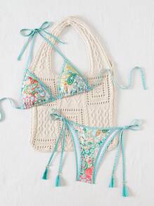 Swim Vcay Women's Summer Vacation Beach Paisley Print Halter Neck Bikini Set - Mint Green - View 4