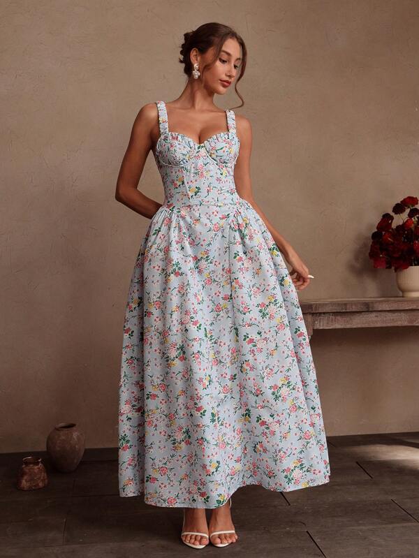 Savoree Women's Ditsy Floral Waist Accented Boned Elegant Romantic A-Line Dress, Suitable For Festivals, Holidays, Sexy Parties, New Year Outfit, Valentine's Day, Vacation, Summer