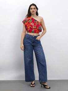 Maija 大码女式热带植物印花荷叶边单肩时尚度假上衣