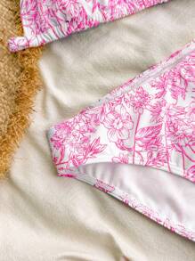 SHEIN Teen Girls Seaside Vacation Pink Floral Print Knit Halterneck V-Neck Bikini Set, Beach Outfit Bathing Suit Summer,Summer Beach