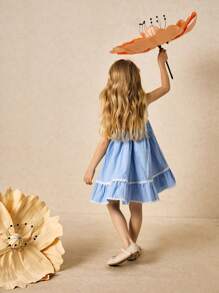 SHEIN Young Girls' Elegant Blue Ruffle Trim Dress, Spring/Summer - Blue - View 4
