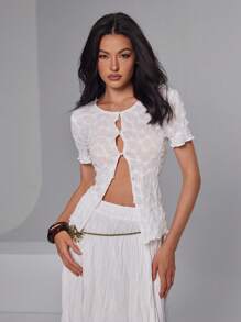 Roylia Blouse à manches courtes texturée en jacquard de mode pour femmes - Blanc - Voir 1